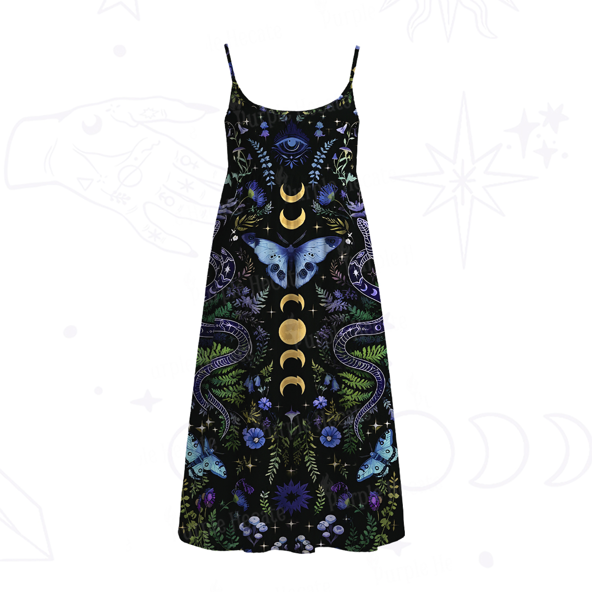 Purplehecate Moon Moth Witchery Spaghetti Strap Midi Dress