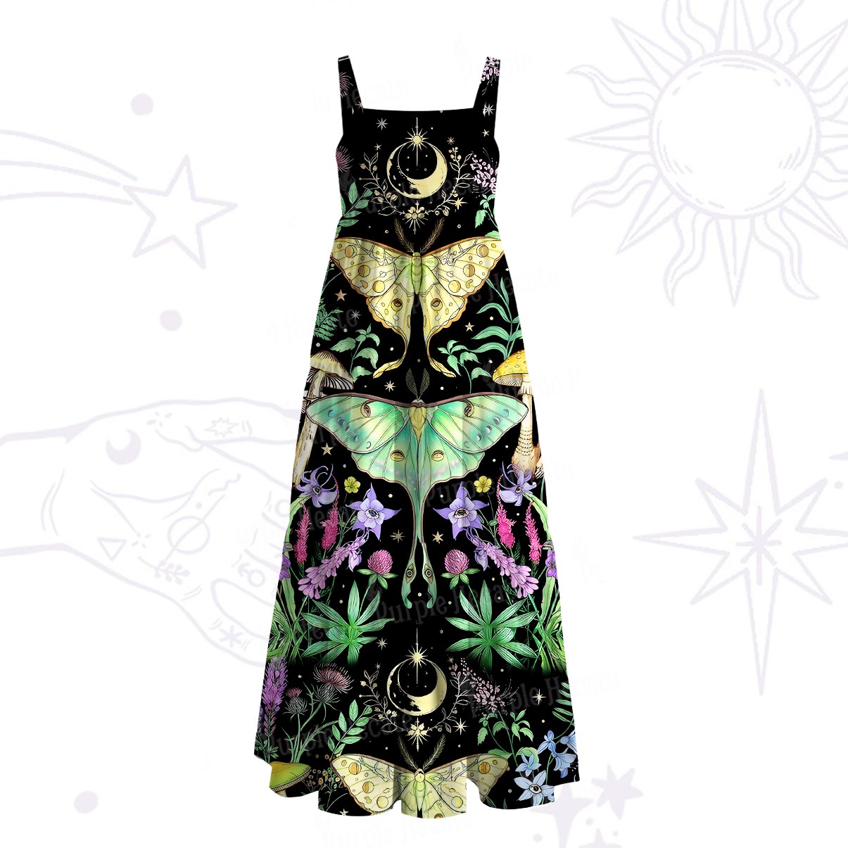 ]Purplehecate Mystic Lunar Moth Herbal Forest Wide Straps Maxi Dress