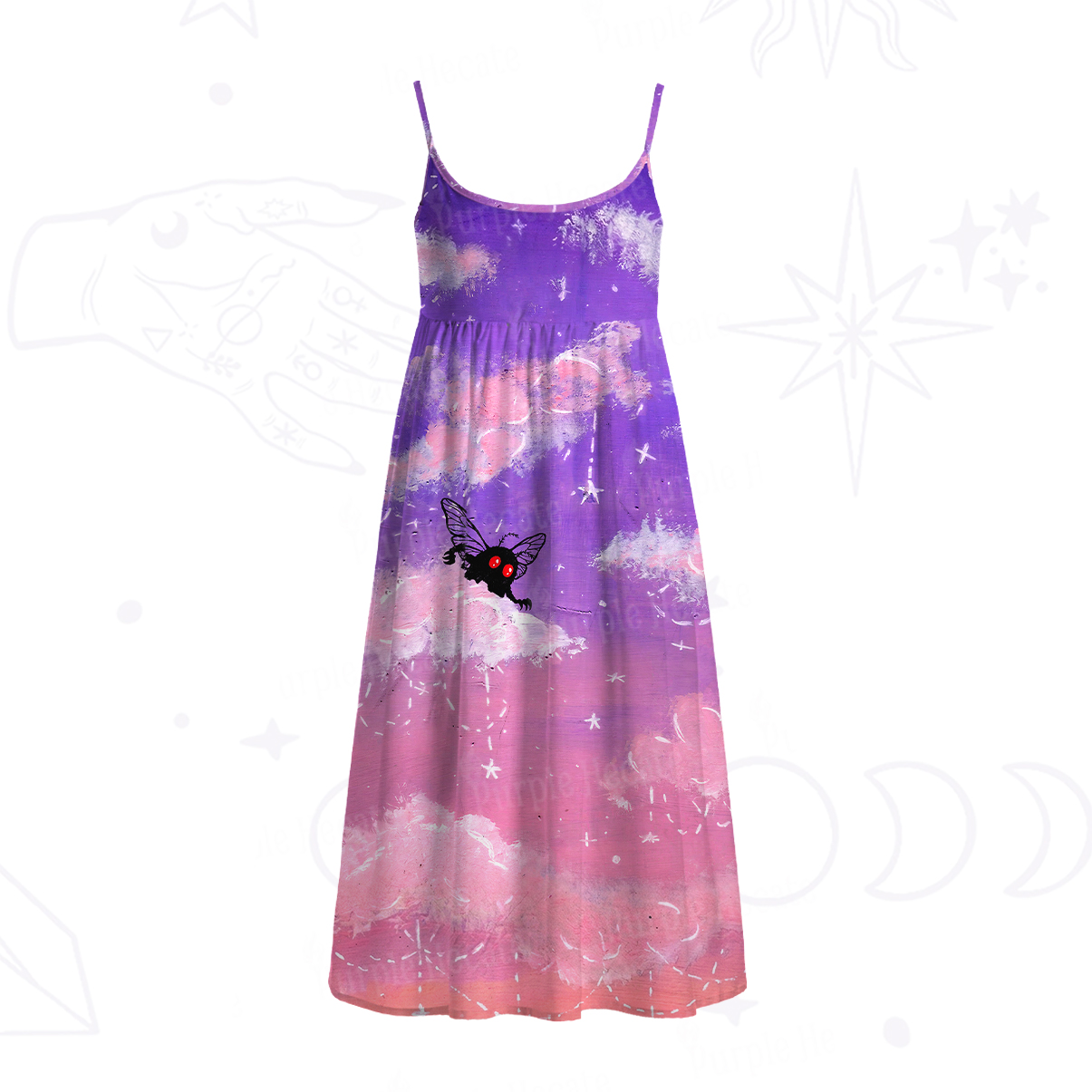 Purplehecate Celestial Dream Mothman Spaghetti Strap Midi Dress