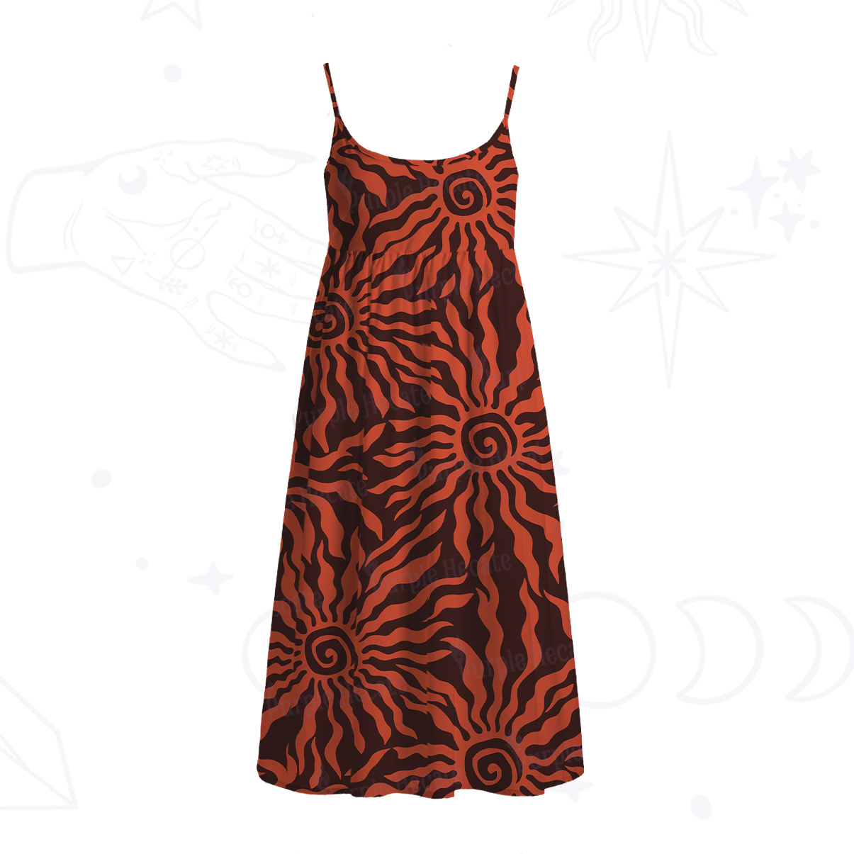 Purplehecate Solar Swirl Totem Strappy Spaghetti Strap Midi Dress