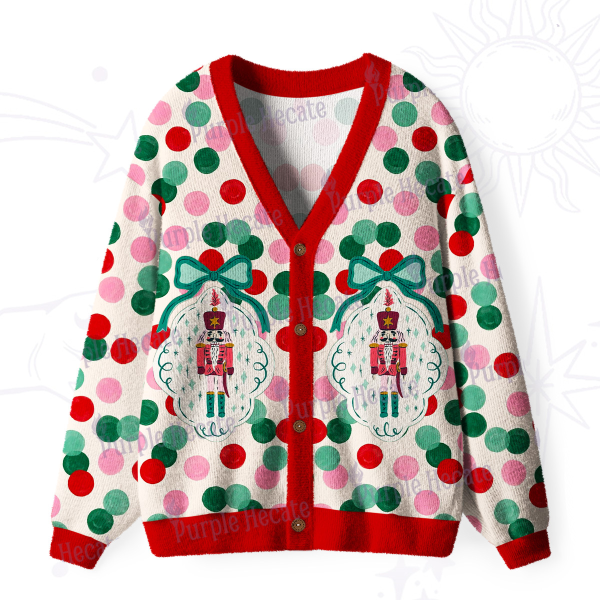 Purplehecate Candy Dot Nutcracker Christmas Ugly Cardigan Sweaters