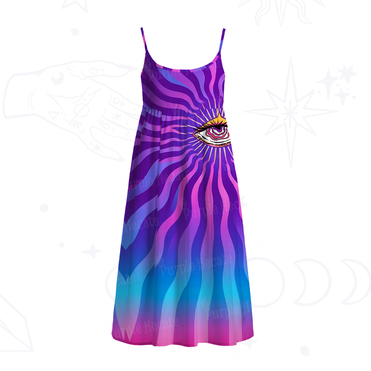 Purplehecate Sacred Eye Energy Flow Spaghetti Strap Midi Dress