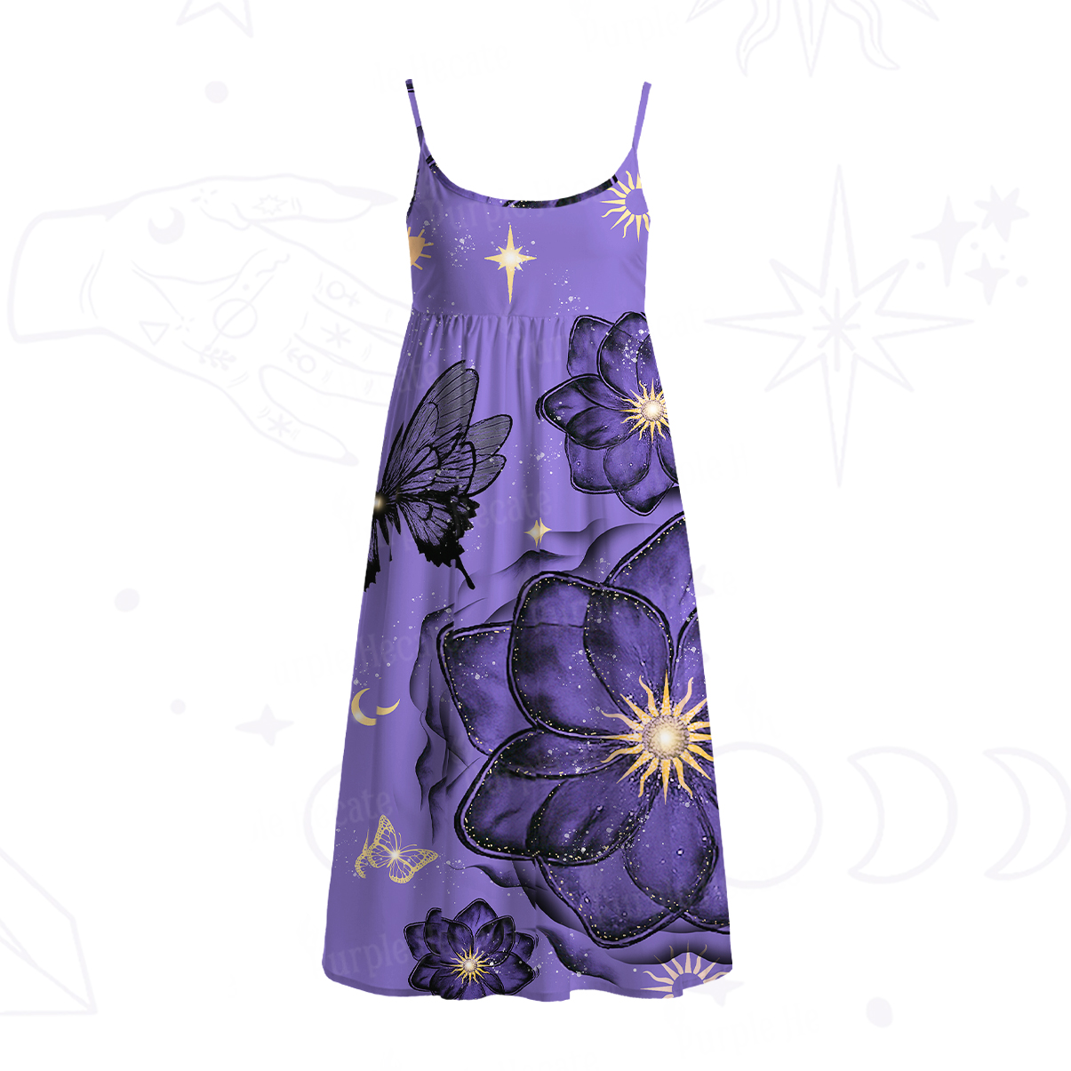 Purplehecate Moonlit Petals and Wings Spaghetti Strap Midi Dress