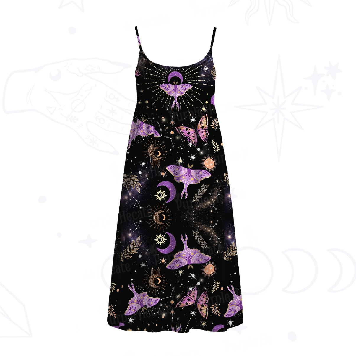 Purplehecate Starry Night Lunar Moth Spaghetti Strap Midi Dress