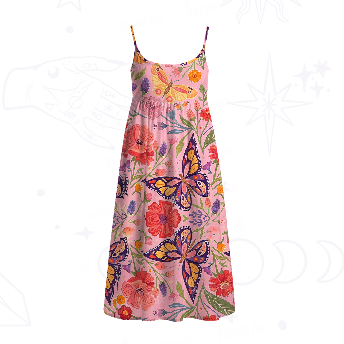 Purplehecate Enchanted Garden of Butterflies Spaghetti Strap Midi Dress