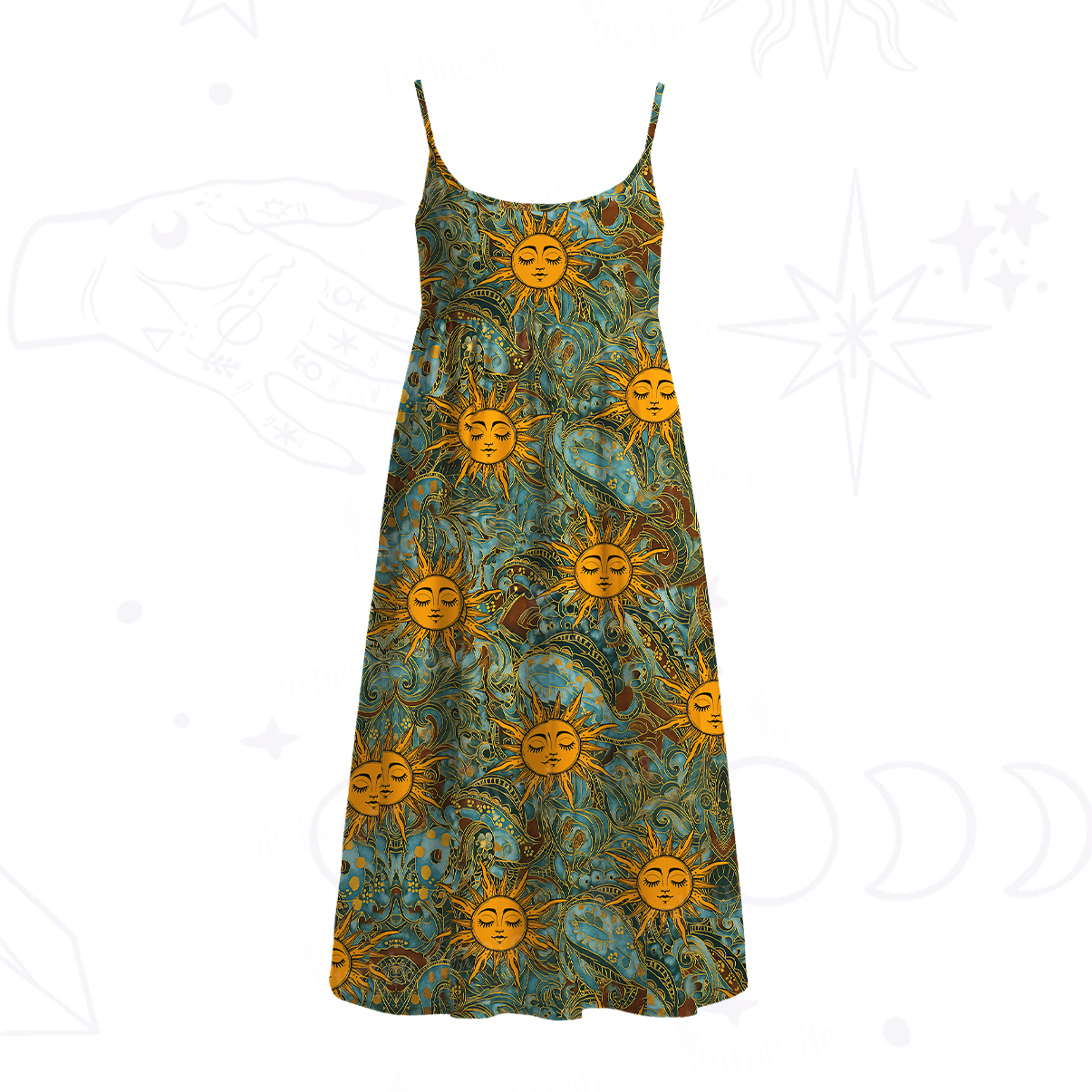 Purplehecate Golden Sun Wheel Spaghetti Strap Midi Dress