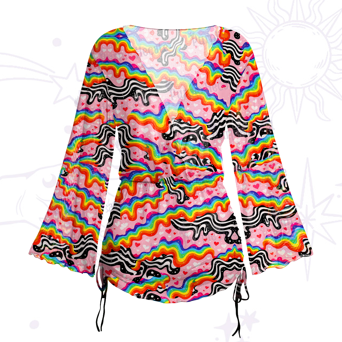 Purplehecate Groovy Melty Rainbow Hearts Wavy Mesh Cover Up Dress