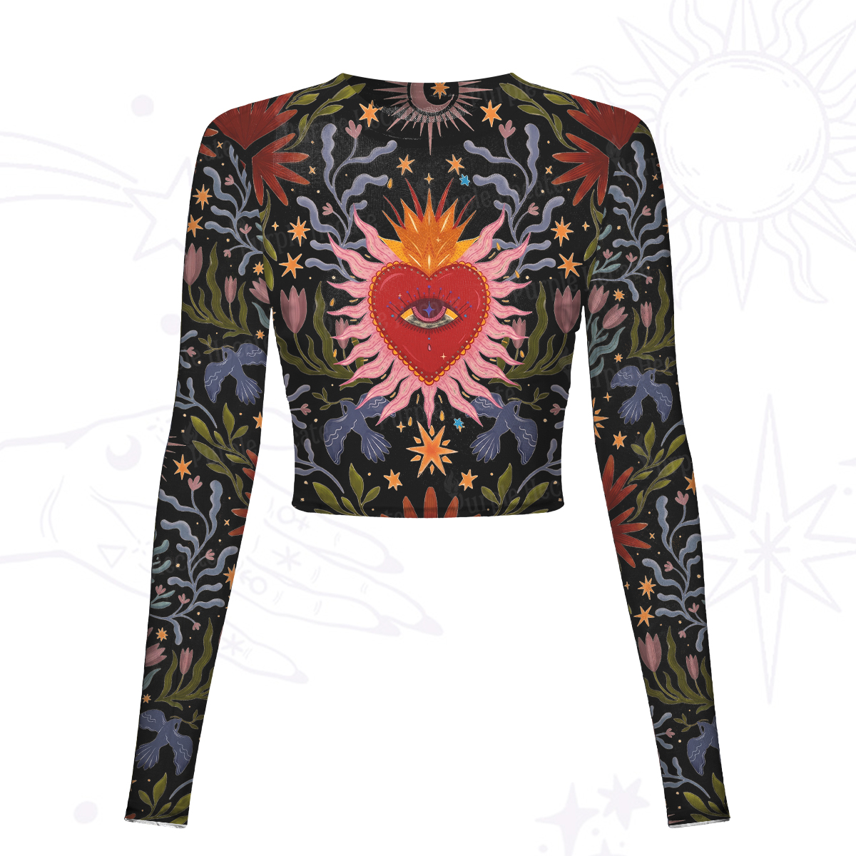 Purplehecate Sacred Flame Heart Mesh Long Sleeve Crop Top
