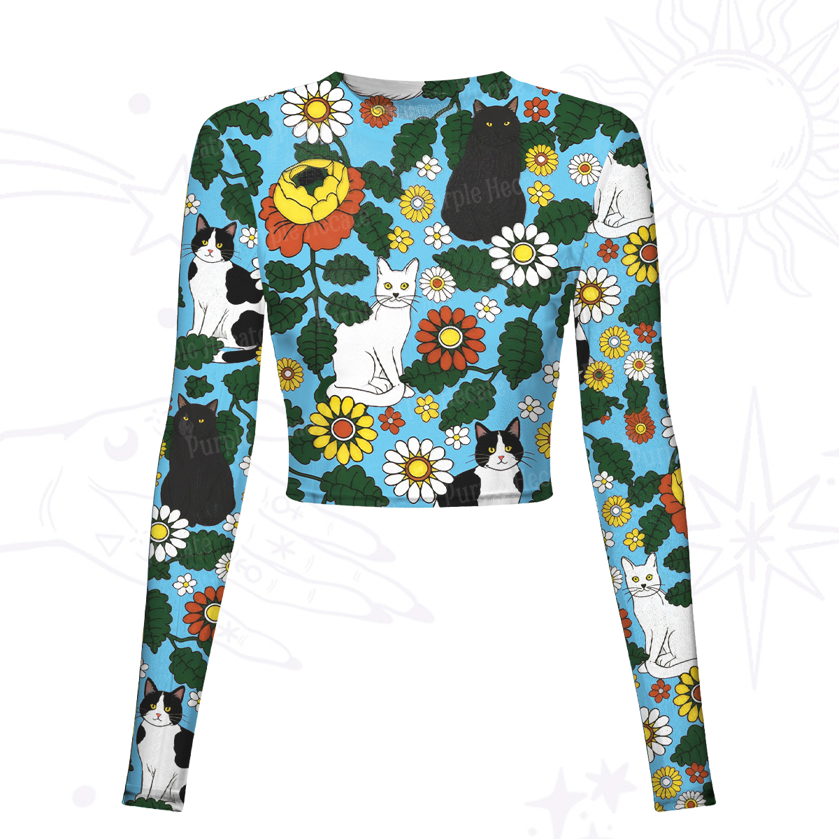 Purplehecate Daisy Cat  Garden Mesh Long Sleeve Crop Top