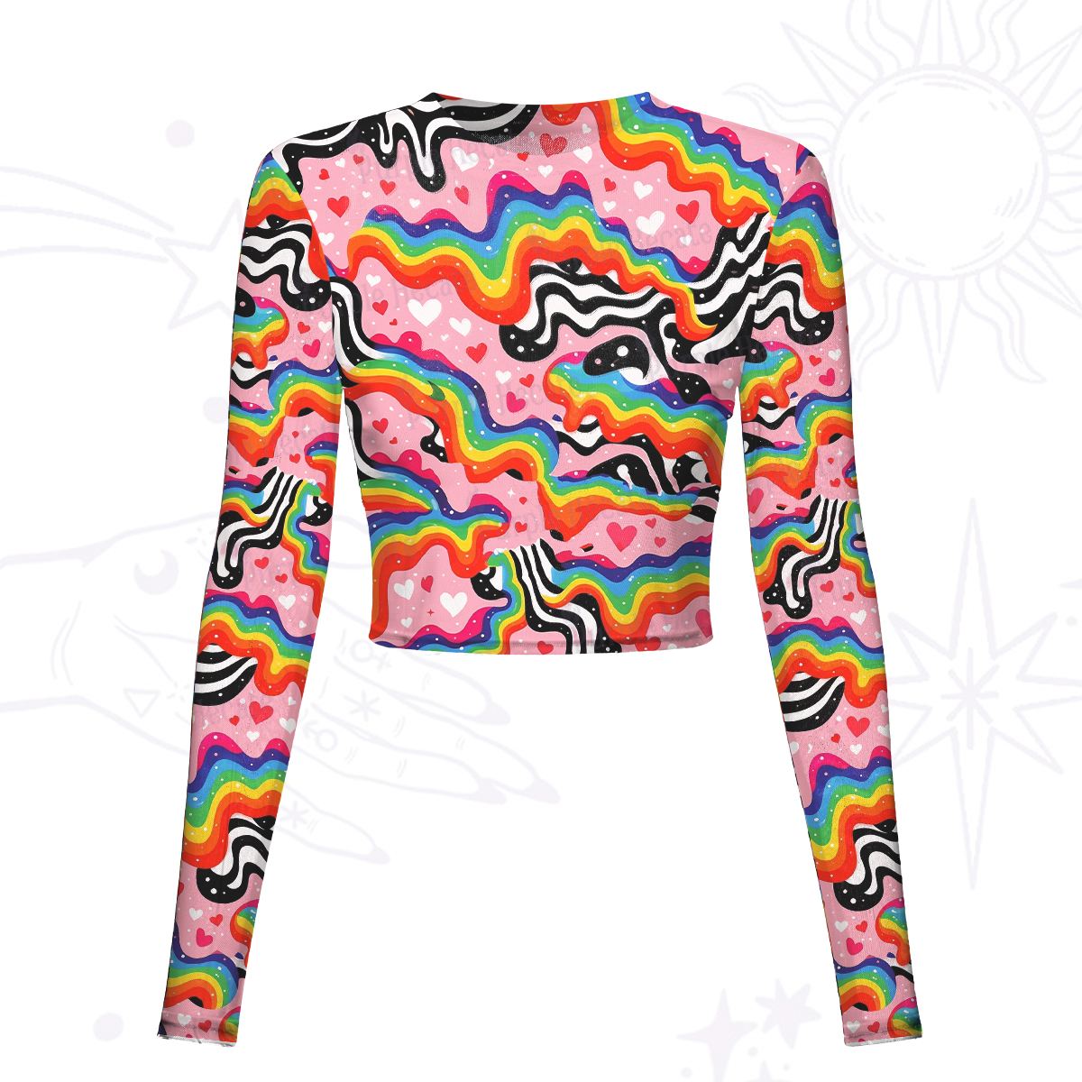 Purplehecate Groovy Melty Rainbow Hearts Wavy Mesh Long Sleeve Crop Top