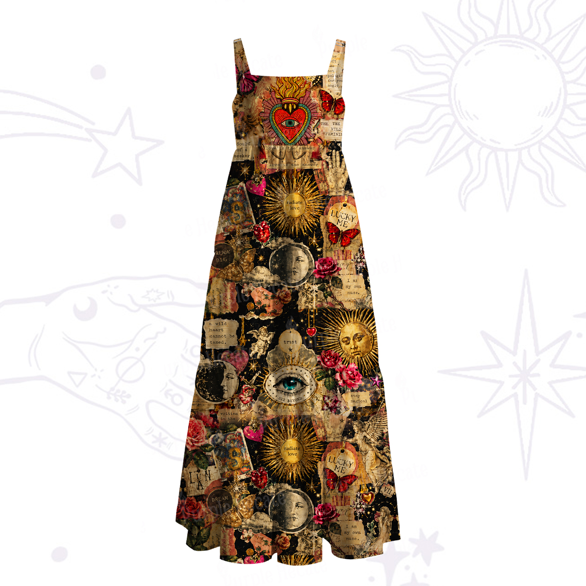 Purplehecate Vintage Celestial Witch Moon Collage Wide Straps Maxi Dress
