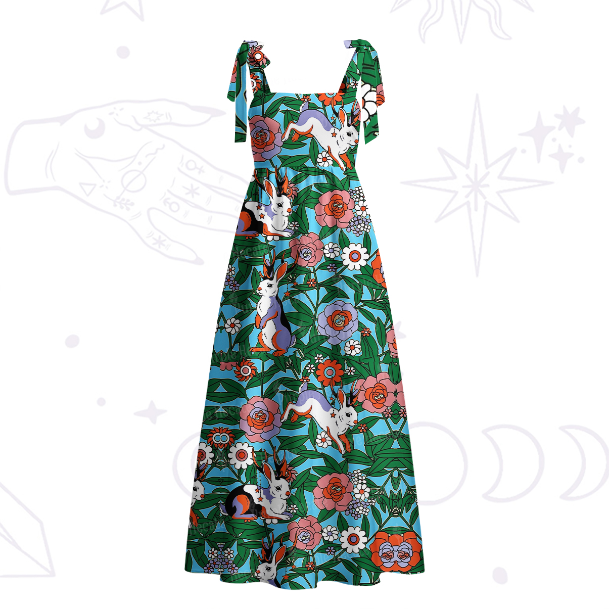 Purplehecate Mystic Blossom Bunny Garden Tie Shoulder Maxi Dress