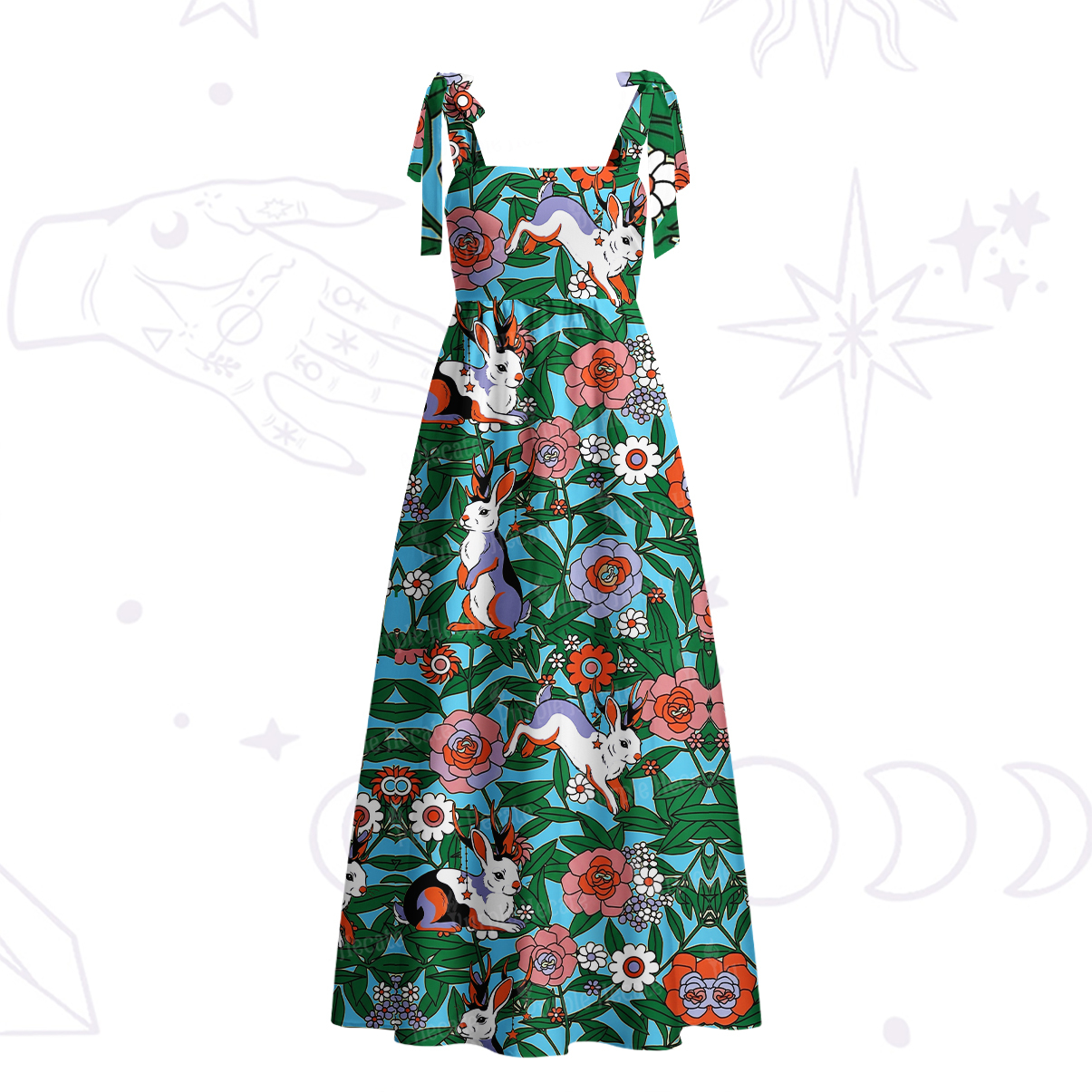 Purplehecate Mystic Blossom Bunny Garden Tie Shoulder Maxi Dress