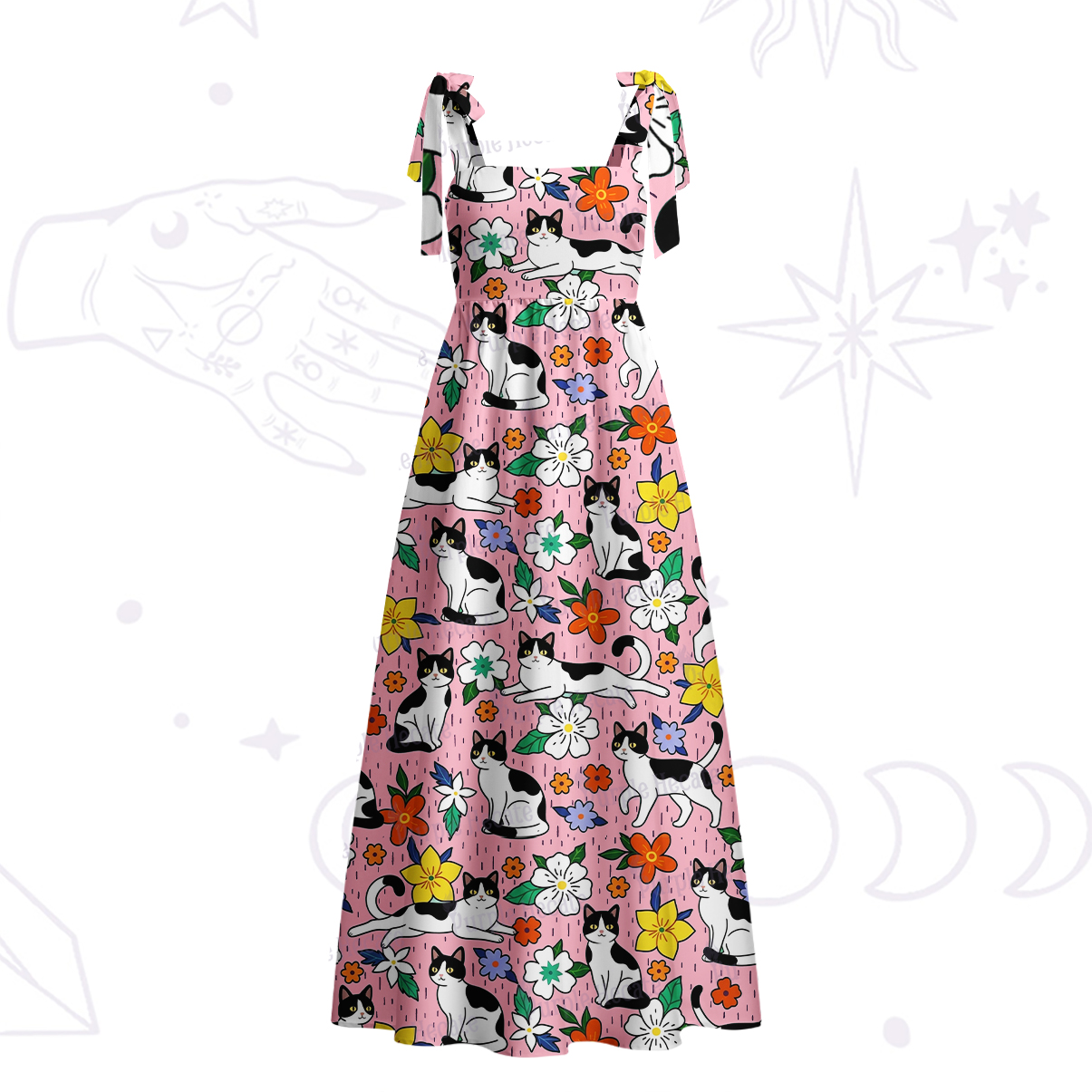 Purplehecate Enchanted Spring Whispering Cat Tie Shoulder Maxi Dress