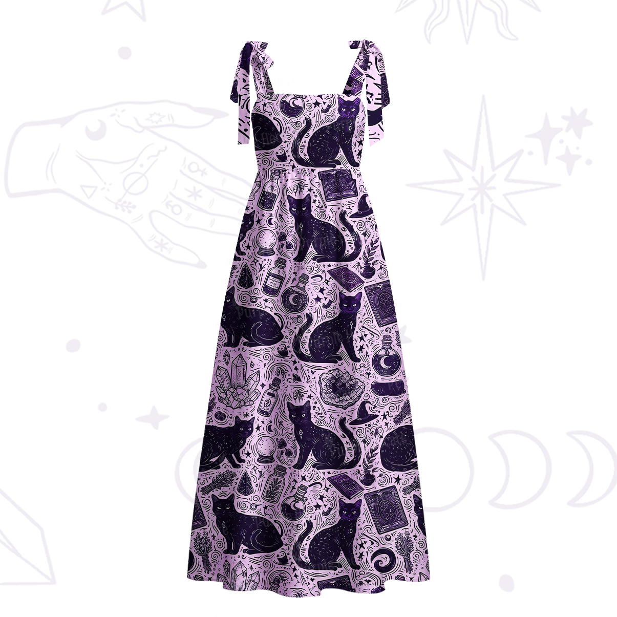 Purplehecate Midnight Black Cat Witch Potion Tie Shoulder Maxi Dress