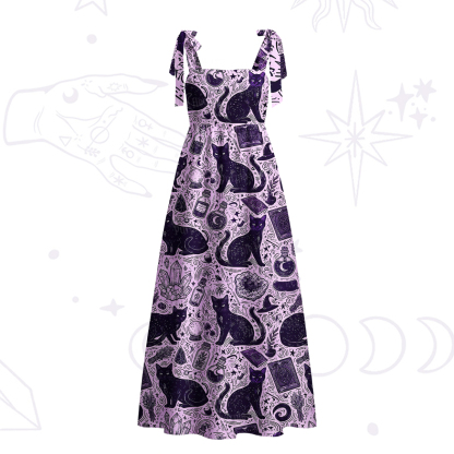 Purplehecate Midnight Black Cat Witch Potion Tie Shoulder Maxi Dress