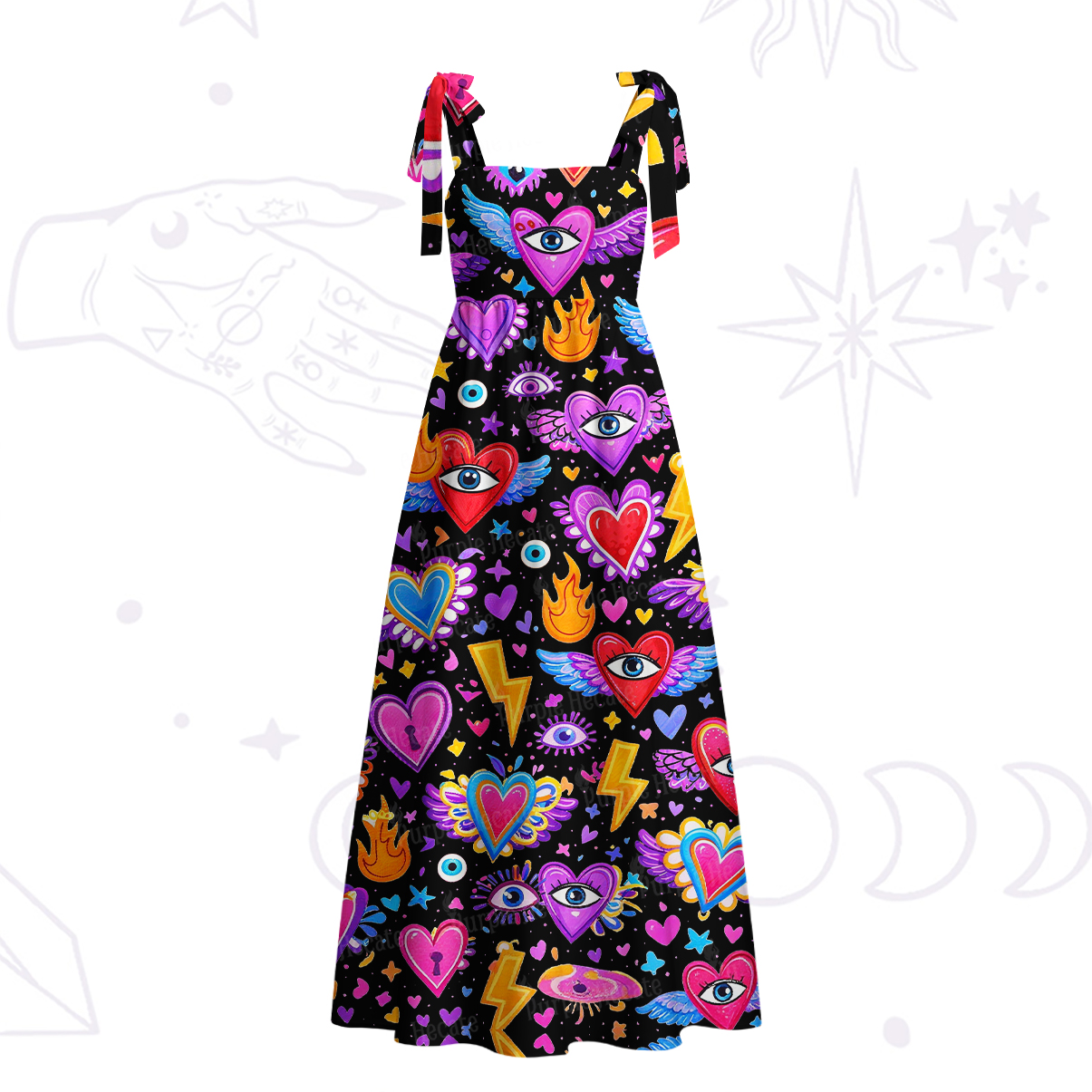 Purplehecate Mystic Heart Eye Wings Tie Shoulder Maxi Dress