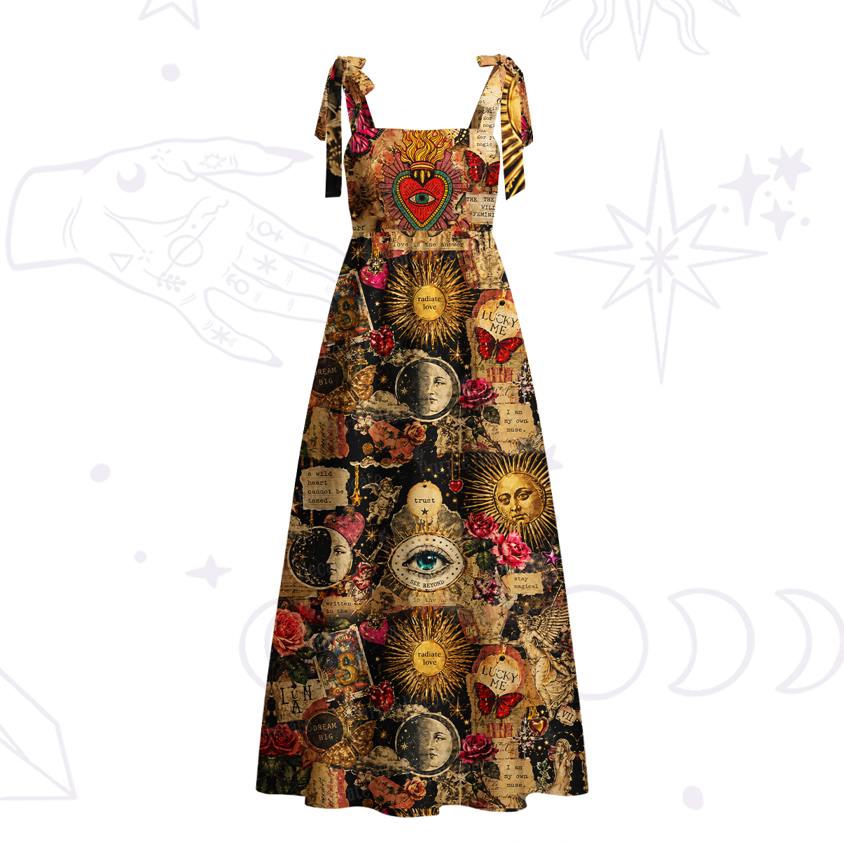 Purplehecate Vintage Celestial Witch Moon Collage Tie Shoulder Maxi Dress