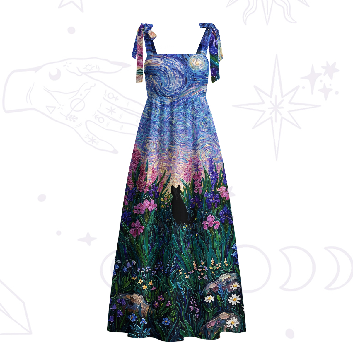 Purplehecate Starry Mystic Night Garden Cat Tie Shoulder Maxi Dress