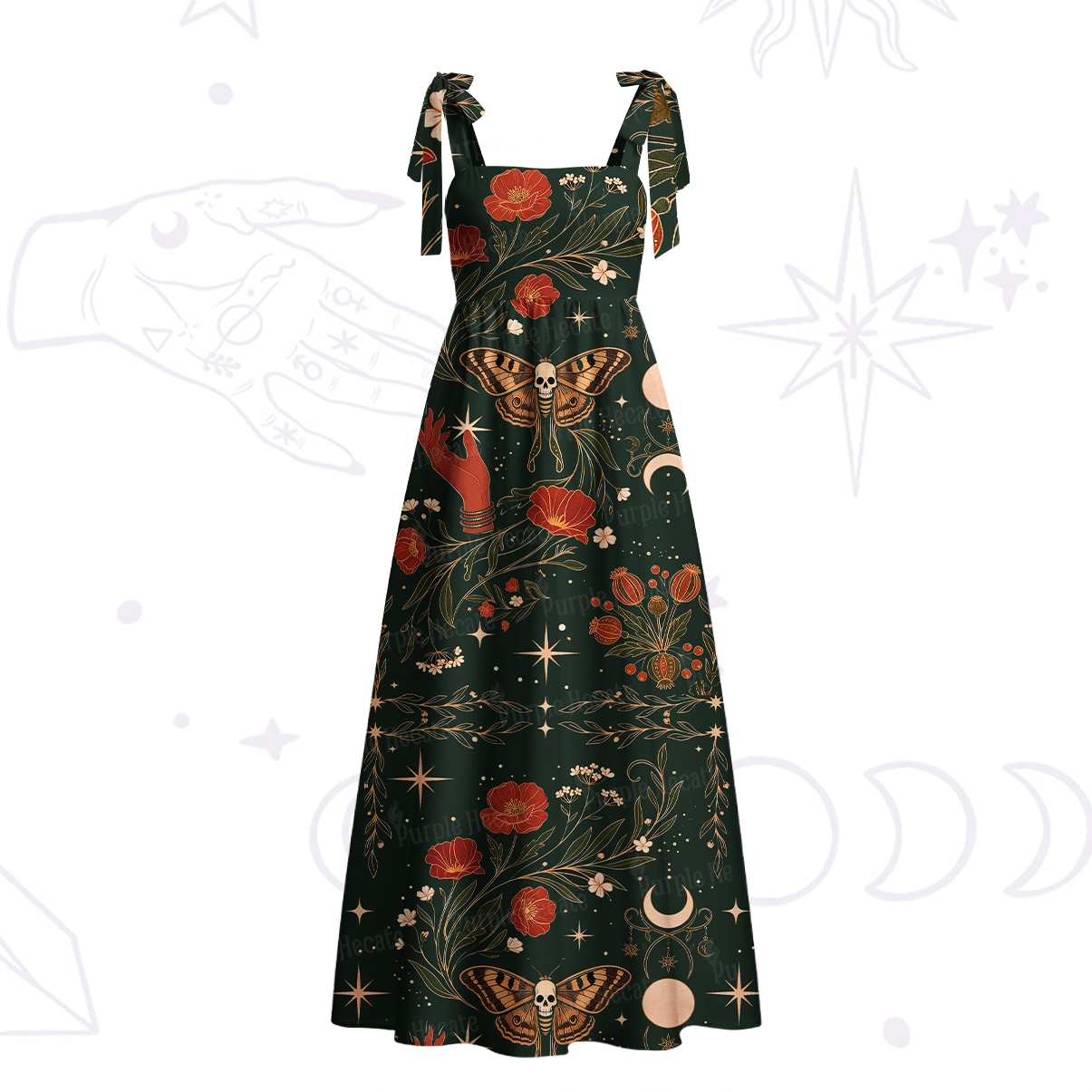 Purplehecate Death Moth Rebirth Tie Shoulder Maxi Dress