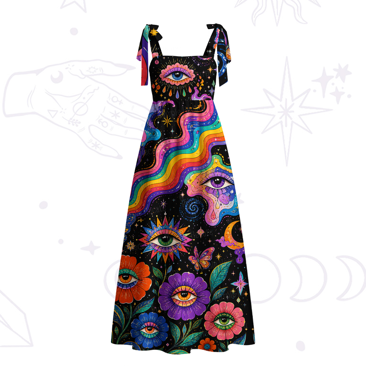 Purplehecate Groovy Hippie Flower Eyes Tie Shoulder Maxi Dress