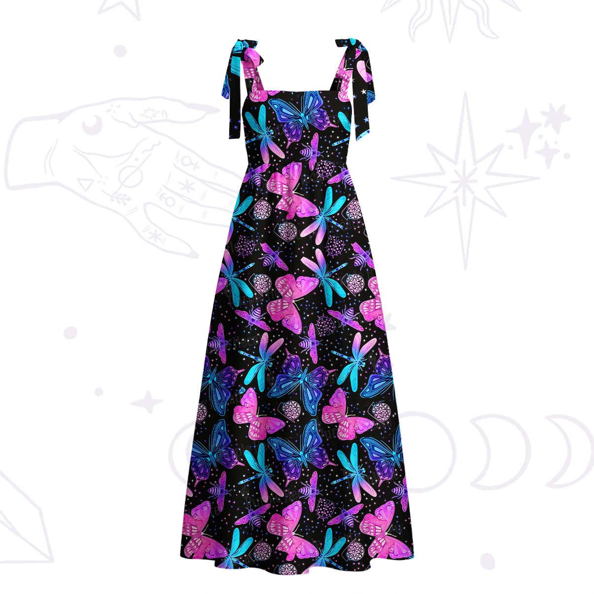 Purplehecate Neon Butterfly Dragonfly Tie Shoulder Maxi Dress