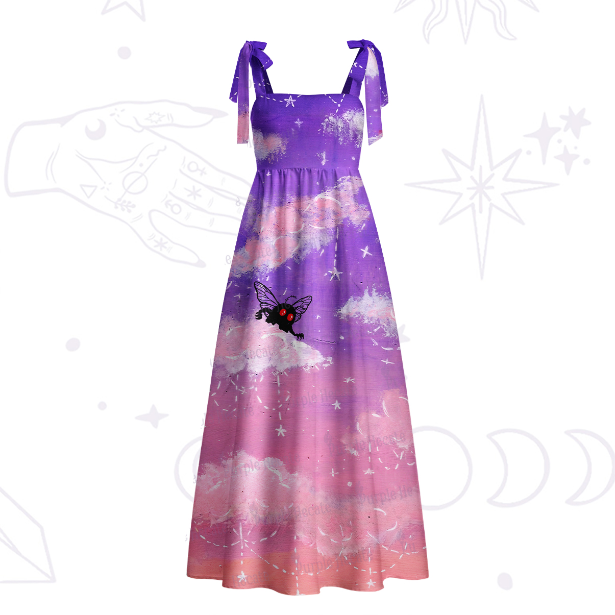 Purplehecate Celestial Dream Mothman Tie Shoulder Maxi Dress