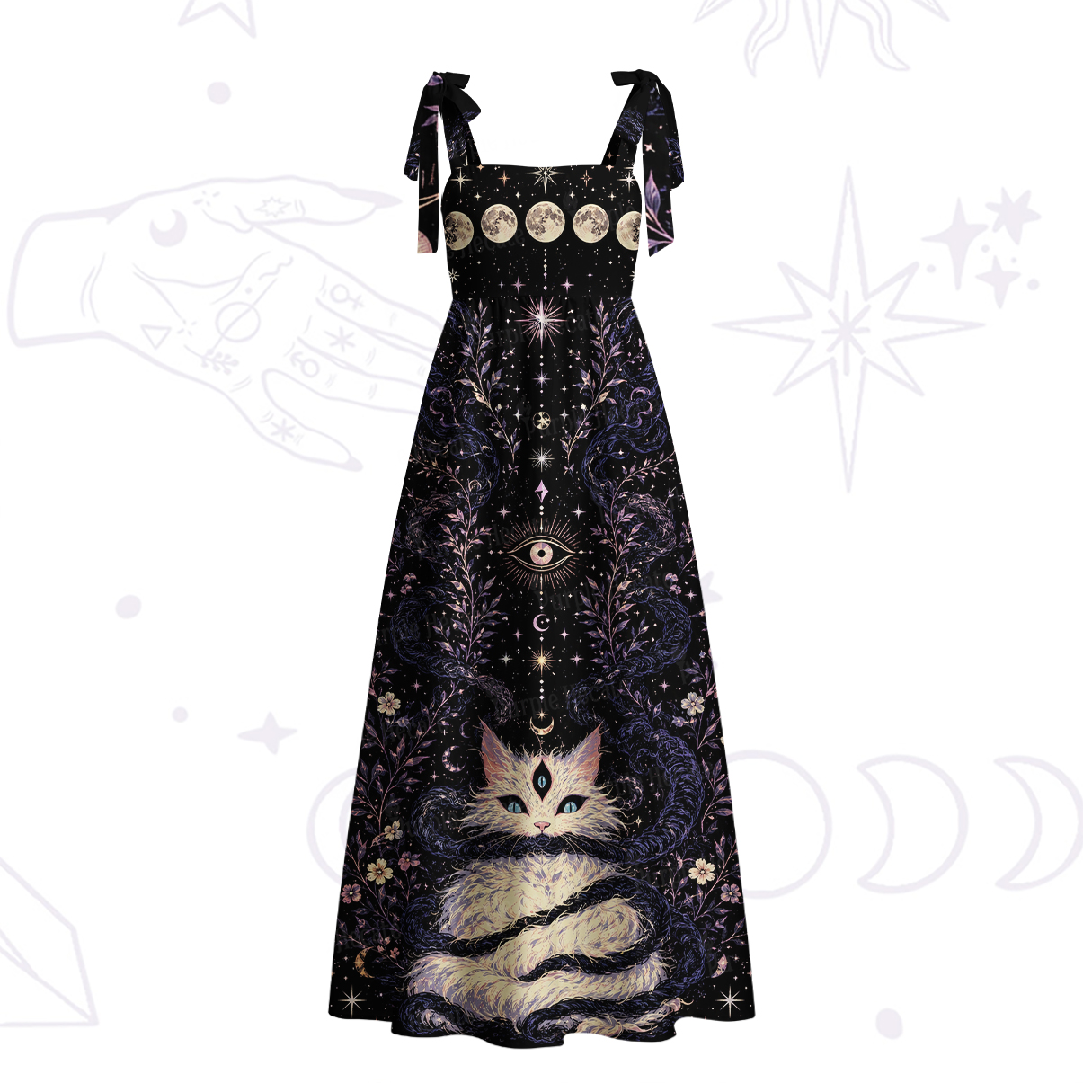 Purplehecate Moon Phase Oracle Cat Tie Shoulder Maxi Dress