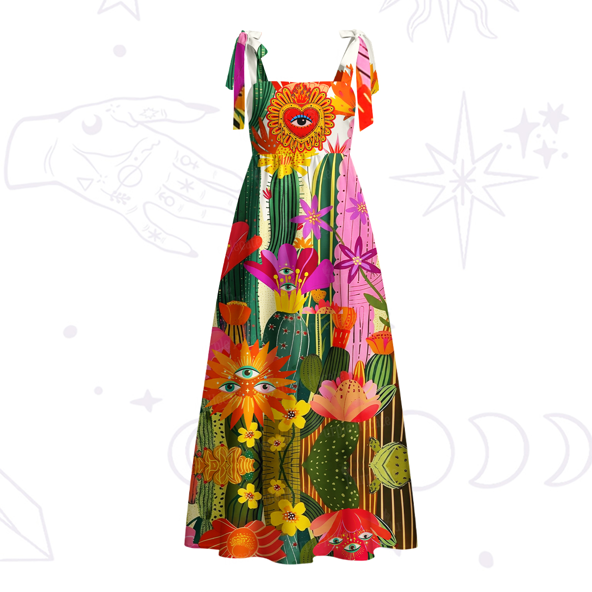 Purplehecate Sacred Heart Cactus Bloom Tie Shoulder Maxi Dress