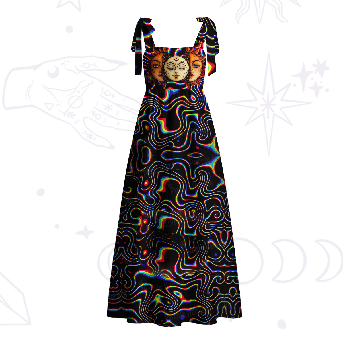 Purplehecate Psychedelic Sun and Moon Tie Shoulder Maxi Dress