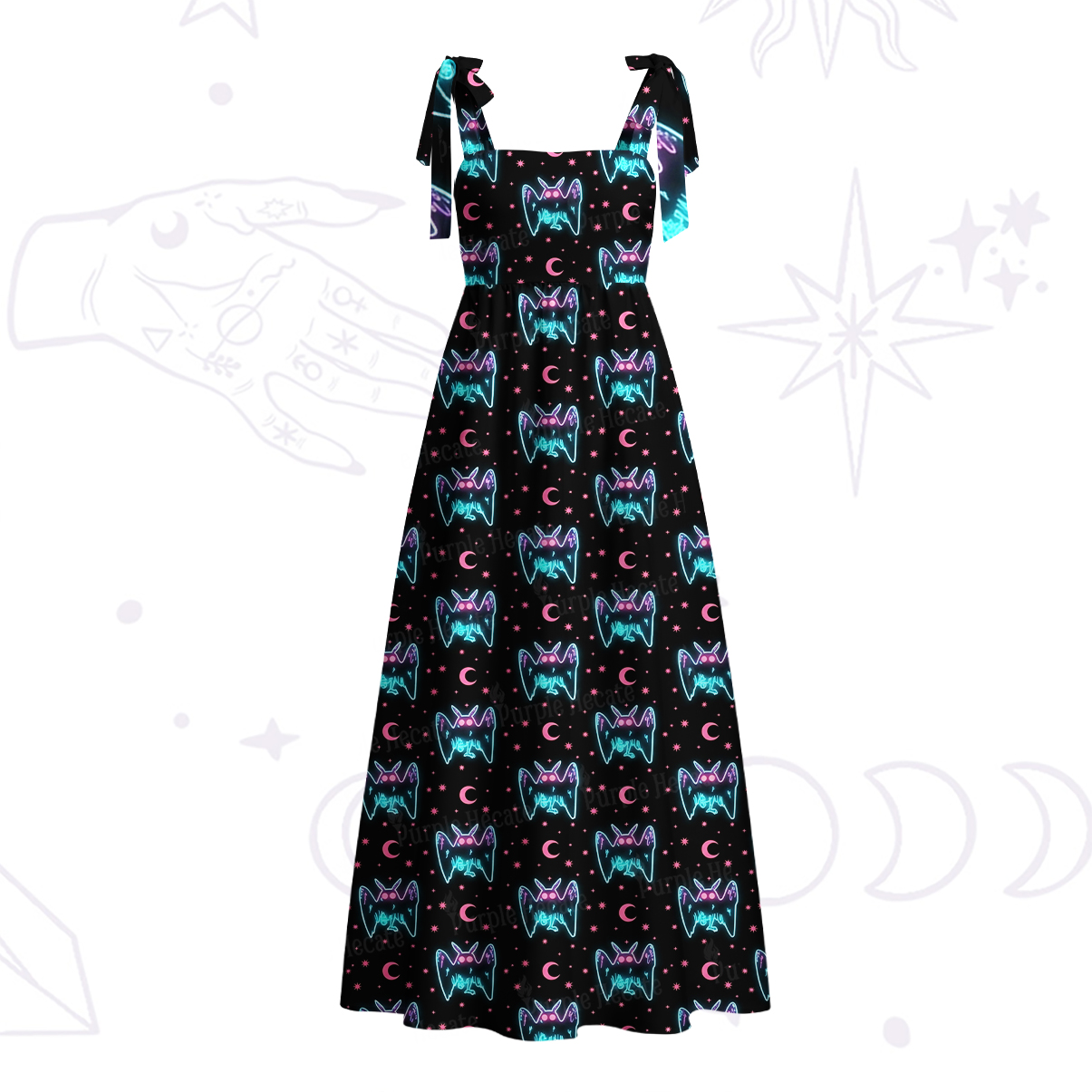 Purplehecate Neon Witchy Mothman Night Tie Shoulder Maxi Dress