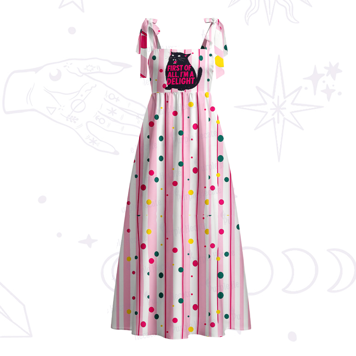 Purplehecate First Of All I'm A Delight Cat Tie Shoulder Maxi Dress