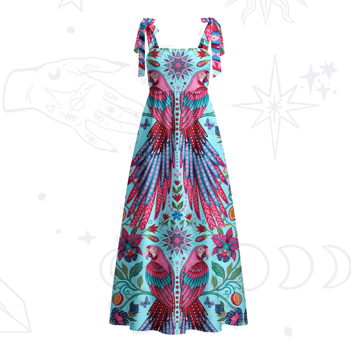 Purplehecate Tropical Parrot Garden Tie Shoulder Maxi Dress