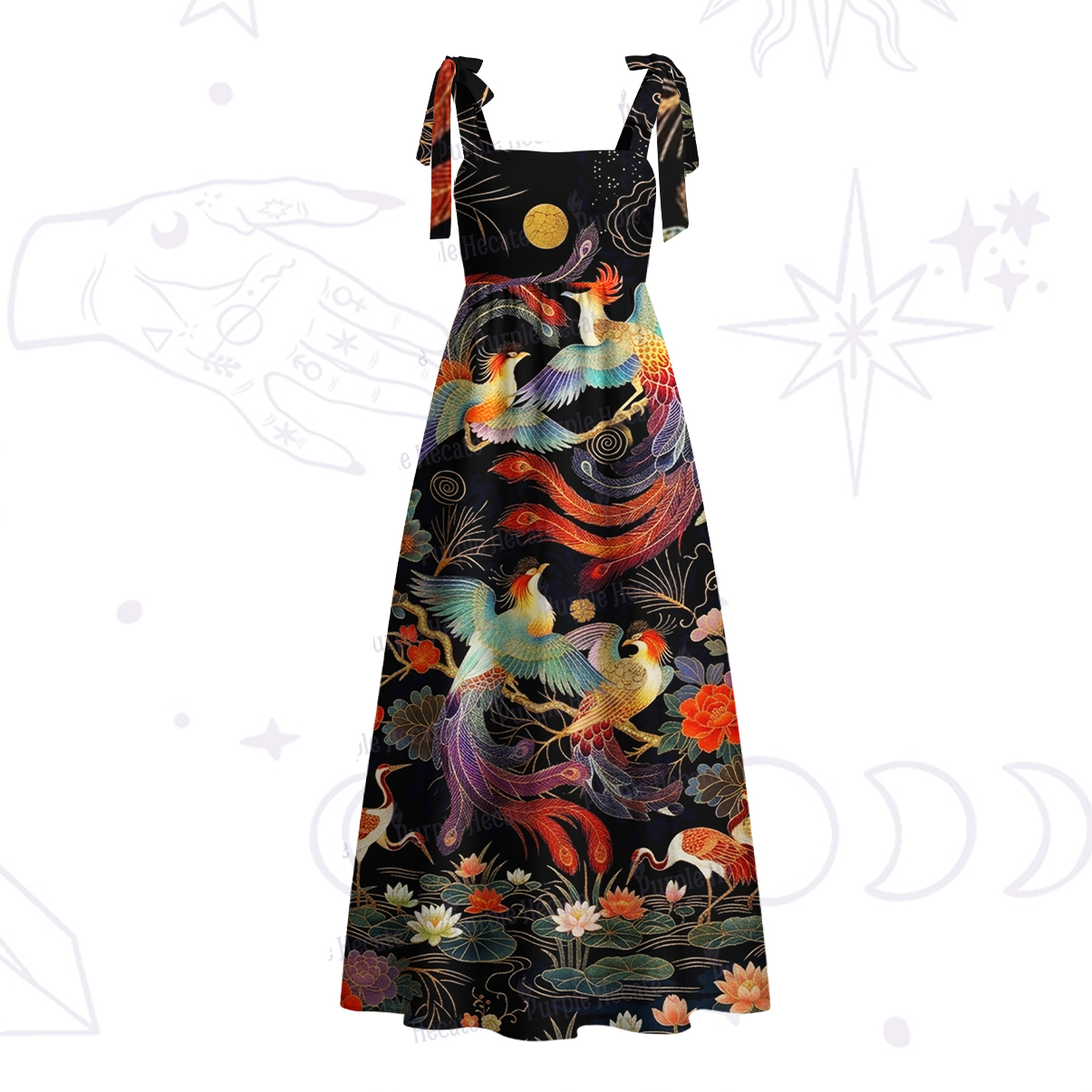 Purplehecate Mystic Moon Phoenix Tie Shoulder Maxi Dress