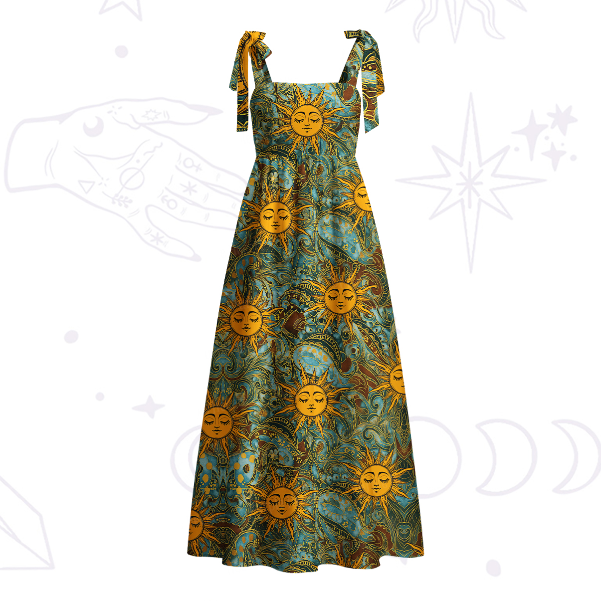 Purplehecate Golden Sun Wheel Tie Shoulder Maxi Dress