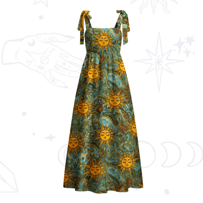 Purplehecate Golden Sun Wheel Tie Shoulder Maxi Dress