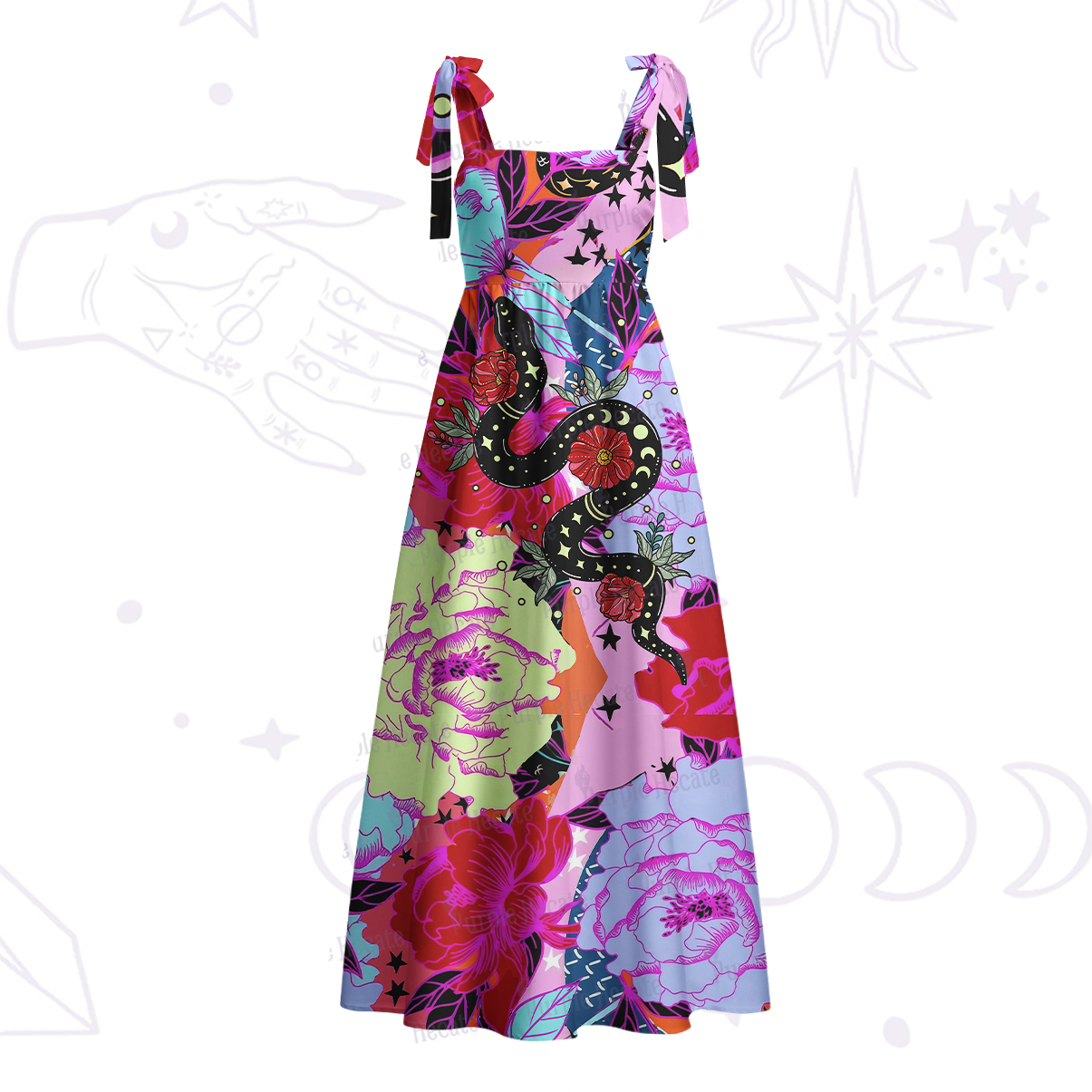 Purplehecate Enchanted Black Serpent & Floral Pattern Tie Shoulder Maxi Dress
