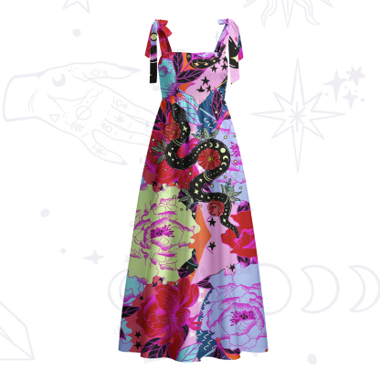 Purplehecate Enchanted Black Serpent & Floral Pattern Tie Shoulder Maxi Dress