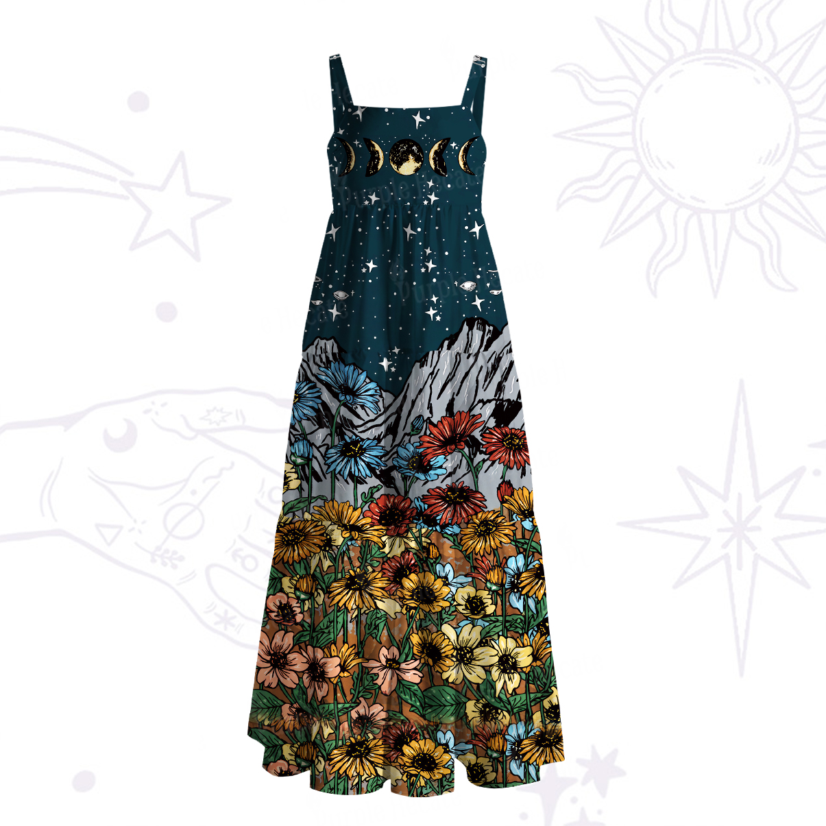 Purplehecate Moonlit Wildflower Mountain Wide Straps Maxi Dress