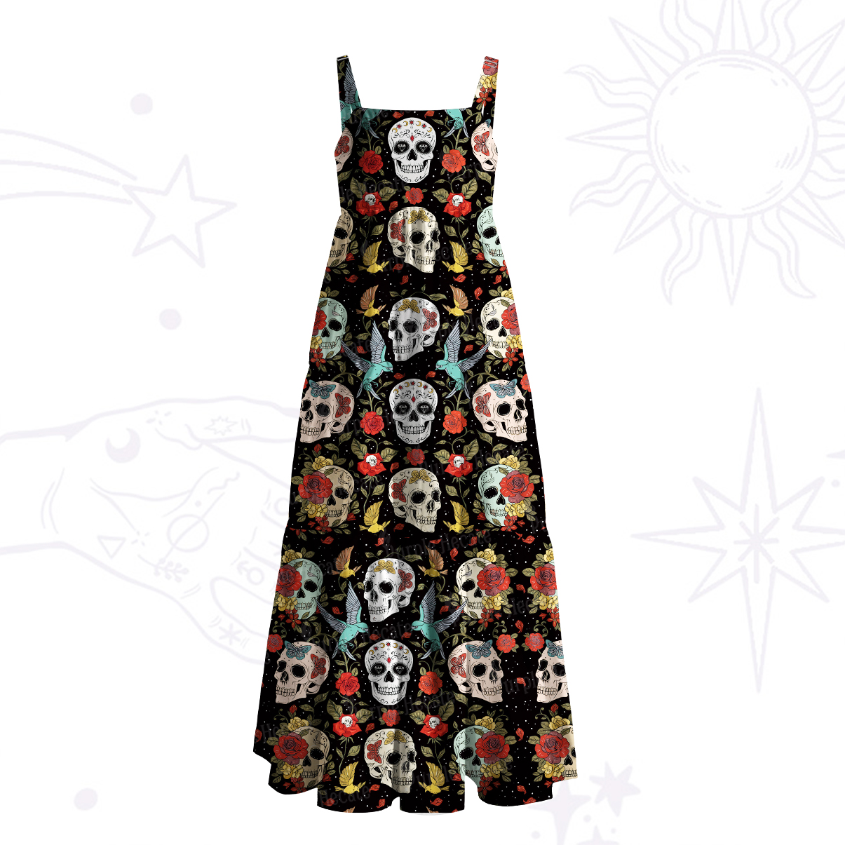 Purplehecate Skull Floral Wide Straps Maxi Dress