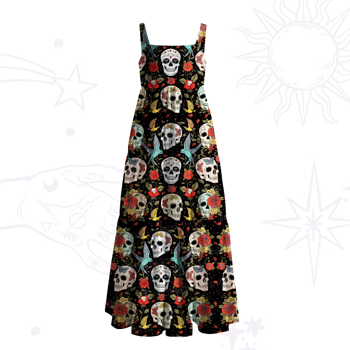 Purplehecate Skull Floral Wide Straps Maxi Dress