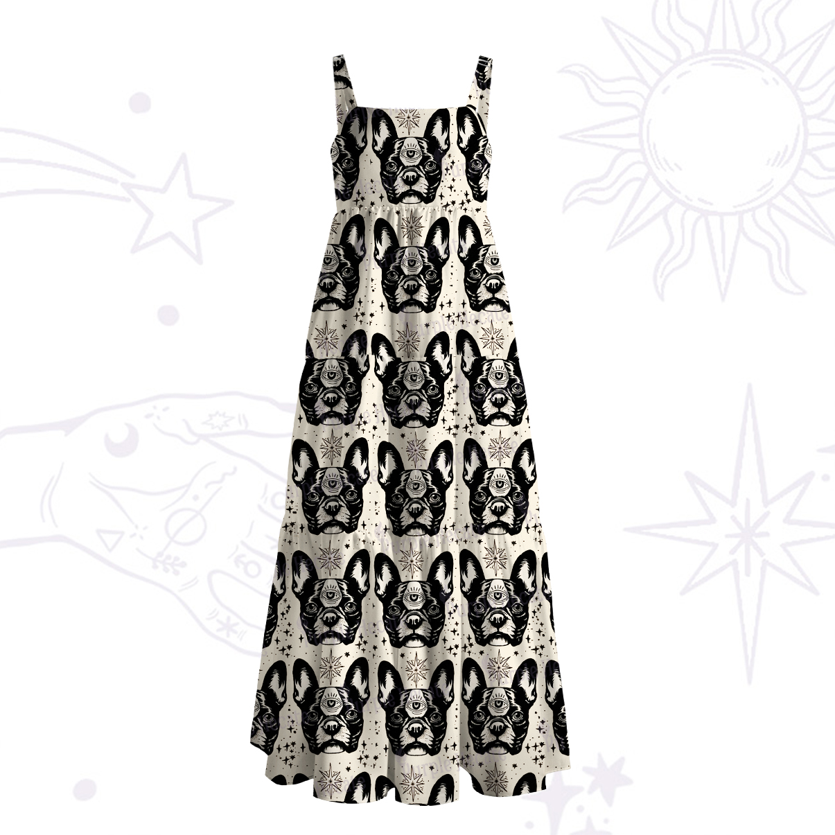 Purplehecate Mystic Boston Terrier Wide Straps Maxi Dress