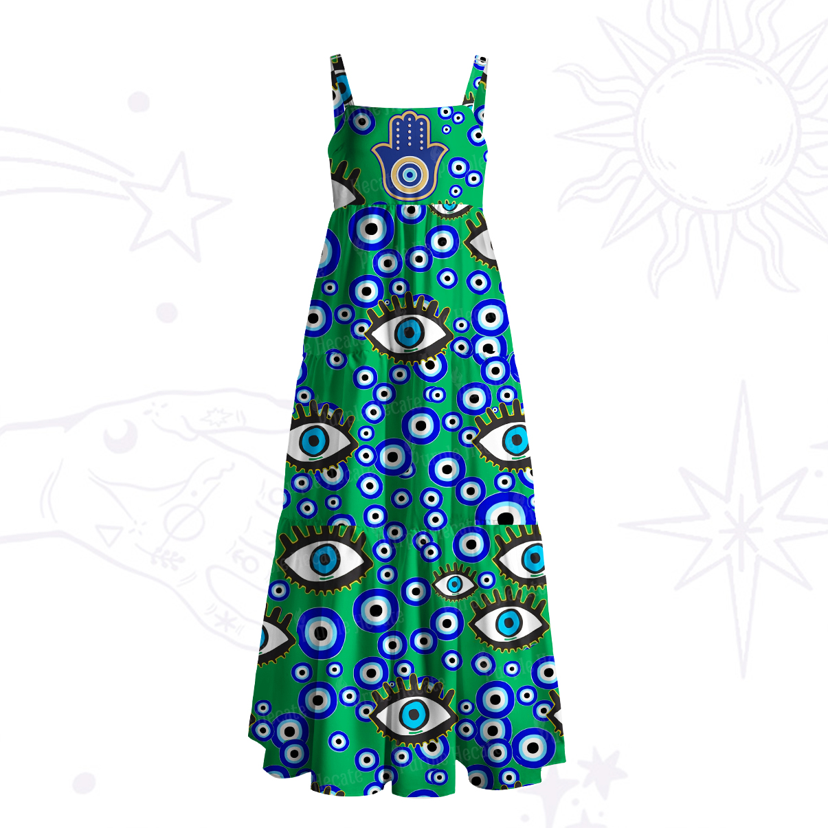 Purplehecate Mystic Hamsa Evil Eye Wide Straps Maxi Dress