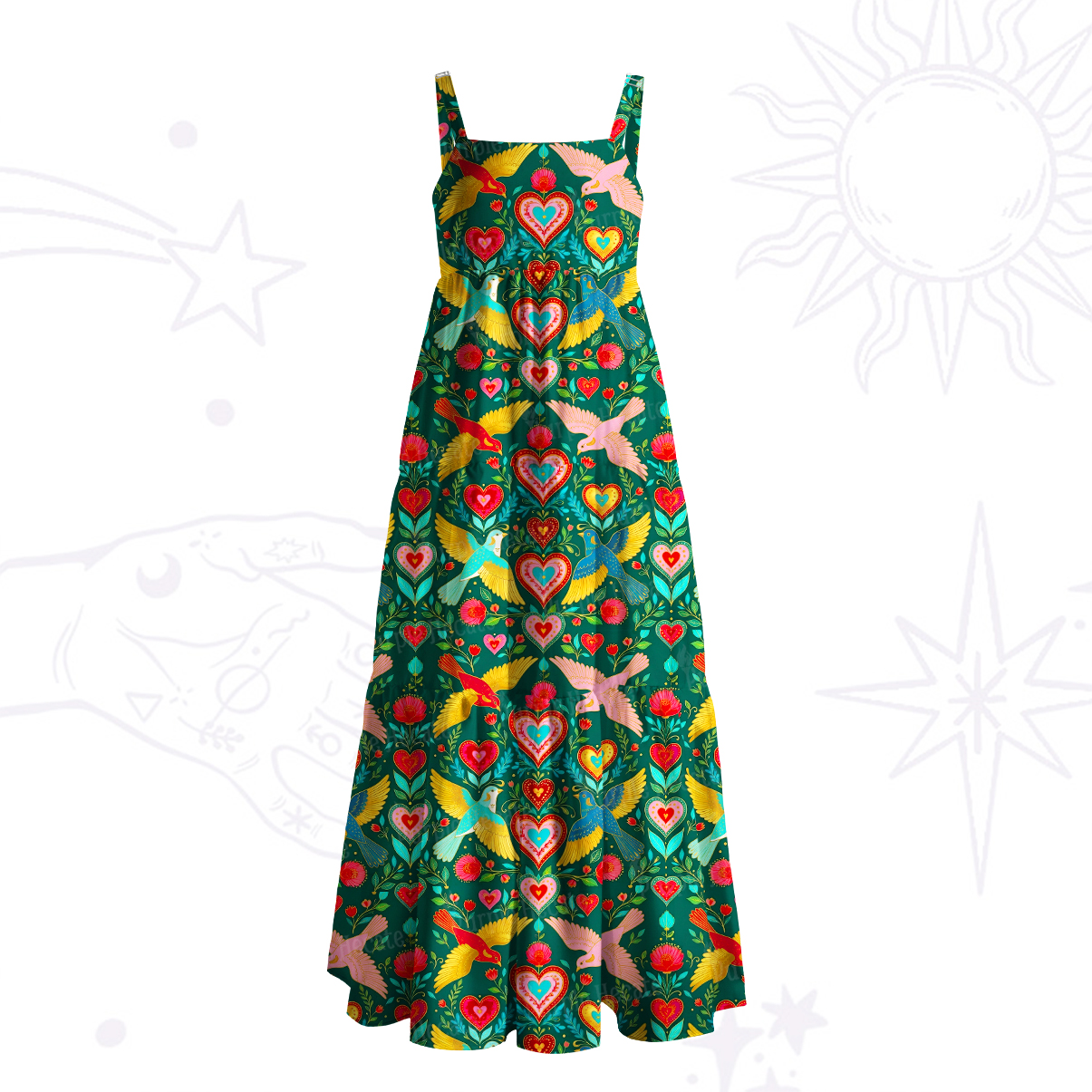 Purplehecate Sacred Hearts Spirit Birds Wide Straps Maxi Dress