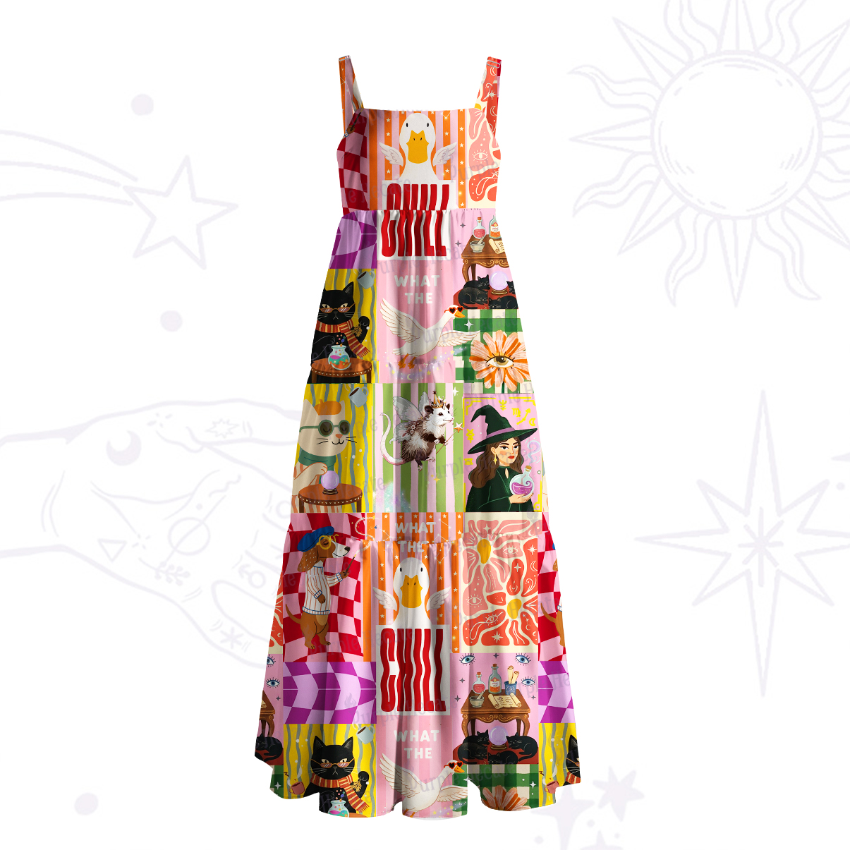 Purplehecate Chill Witchy Patchwork Wide Straps Maxi Dress