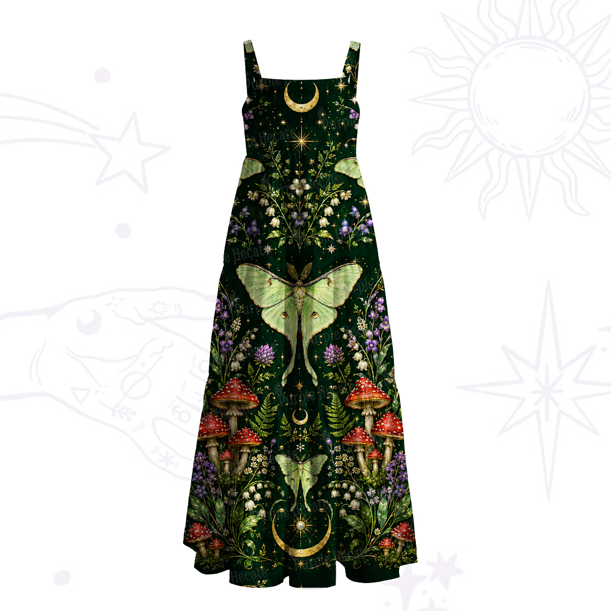 Purplehecate Moonlit Forest Moth Magic Wide Straps Maxi Dress