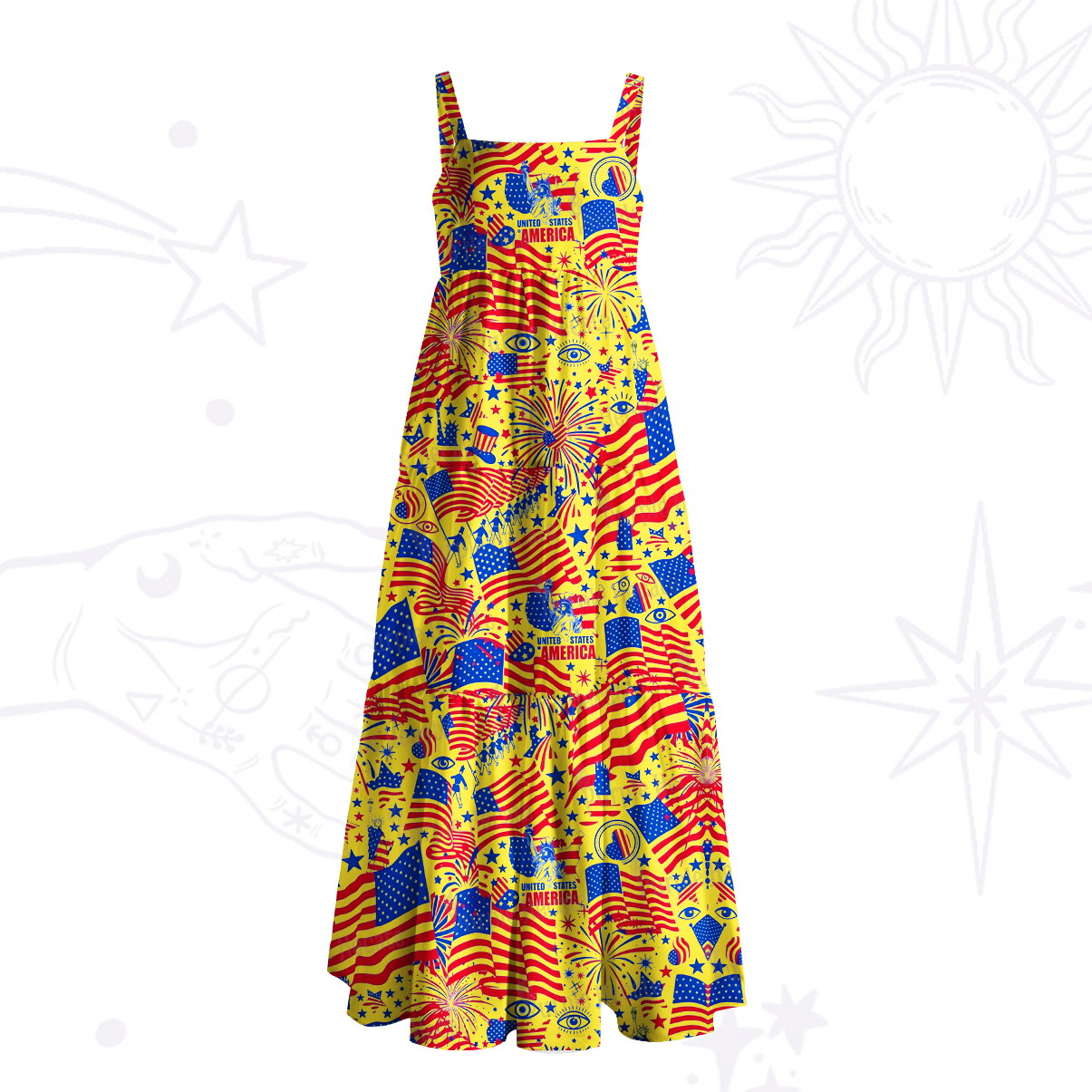Purplehecate Patriotic Fireworks & Flags Wide Straps Maxi Dress