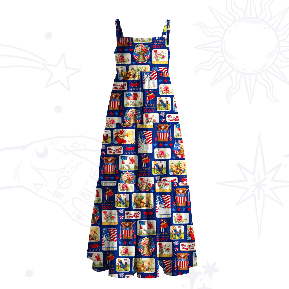 Purplehecate Vintage USA Postcard Patchwork Wide Straps Maxi Dress