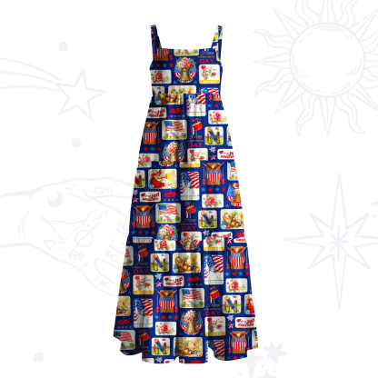Purplehecate Vintage USA Postcard Patchwork Wide Straps Maxi Dress