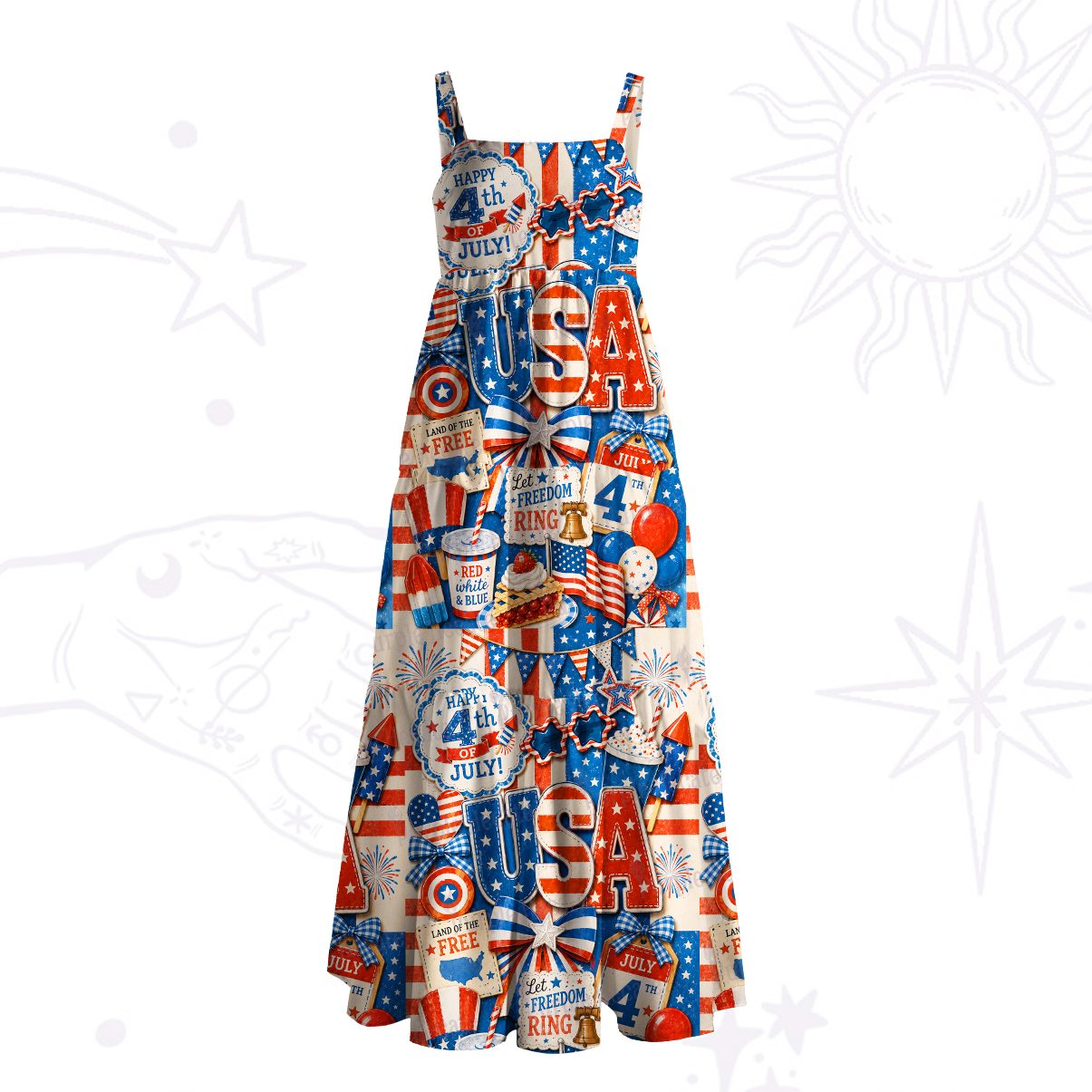 Purplehecate 4th of July Fireworks & Flags Wide Straps Maxi Dress